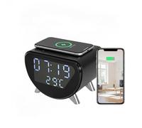 Cámara 4K UHD WiFi6, multifunción 5-in-1: Wireless Charger, Clock, Alarm, Thermometer | Remote Live View, Local Recording Without Network | Home, Office, Hotel Use No Audio (con tarjeta SD de 32 GB)