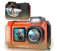 Camara Acuatica 33FT, Cámara Digital Impermeable 8K 70MP para Snorkel | Maxmango D50 Cámara Subacuática con 2,88" Doble Pantalla, Autofocus-Zoom 18X, Batería 2500mAh, Tarjeta 16GB-Naranja