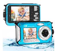Cámara Acuática 64MP con Tarjeta de Memoria 64GB, Cámara Sumergible 4K con Autoenfoque y Doble Pantalla para Selfies, Cámara Acuática Sumergible hasta 5 Metros para Niños y Snorkel (2 Baterías)