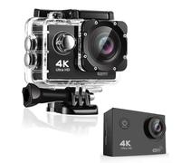 Cámara de acción 4K Ultra HD con carcasa impermeable, sincronización WiFi y estabilización de imagen para imágenes claras en entornos desafiantes (negro + control remoto)