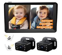 Cámara de coche de bebé para 2 niños, pantalla IPS de 7 pulgadas con cámara dual para asiento de coche, pantalla dividida, visión nocturna, HD 1080P, visión amplia de 150° y rotación de 360°, fácil de
