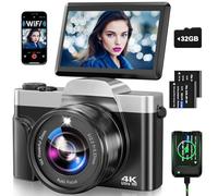 Camara de Fotos con WiFi, 64MP 4K Autofocus Camara Digital Compacta con Pantalla Flip De 180° De 3" Zoom Digital 16X, Tarjeta De 32 GB Estación de Carga, 2 Baterías para Principiantes, Adolescentes