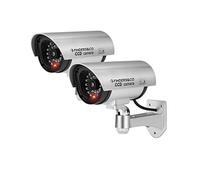 Cámara de seguridad falsa, sistema de vigilancia CCTV simulado con luces intermitentes rojas realistas y pegatina de advertencia (2, plata)