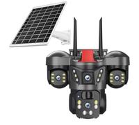 Cámara de seguridad solar 4K, 3 lentes 360° PTZ WiFi o conexión APN, visión nocturna, detección de movimiento PIR dual, audio bidireccional, funciona con la aplicación V380 PRO (nube) para patio