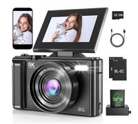 Cámara de vlogging 5K de 75 MP para YouTube, enfoque automático WiFi y antivibración, 3.0 con zoom de 18X, incluye tarjeta SD de 32 GB, 2 baterías y filtro UV (cámara de viaje) (negro)
