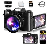 Cámara de vlogging, cámara digital 4K 48MP para fotografía, zoom digital 16X, cámara de vlogging para YouTube con pantalla abatible de 180 grados, lente gran angular, 2 baterías y tarjeta micro SD de