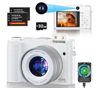 Cámara Digital 4K, 64 MP Dual Camera Antivibración Vlogging Cámara Fotográfica con Tarjeta de Memoria de 32 GB, Zoom Digital 16X, 2 baterías y Cargador, y Cámara Compacta para Principiantes(Blanco)