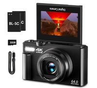 Cámara digital 4K, cámara de vlogging de 64 MP con pantalla abatible de 180° de 3 pulgadas, zoom digital de 18X, incluye tarjeta micro SD de 32 GB, ideal para principiantes, fotografía y YouTube
