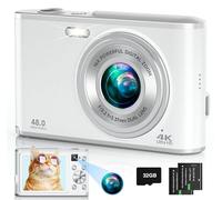 Cámara Digital 4K, Cámara para Niños de 48MP con Enfoque Automático para Selfies con Lentes Duales Frontales y Traseras, Tarjeta de 32GB, 2 Baterías, Zoom Digital 16X, Cámara de Video Compacta para