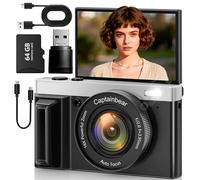 Cámara digital 4K, cámaras de 64 MP para fotografía con zoom digital de 16X, cámara de vlogging de enfoque automático para YouTube, cámara de viaje compacta con pantalla abatible de 180° de 3 pulgadas
