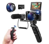 Cámara digital 4K, CCN 48MP Cámara de fotos con 180 ° Flip 3.0 "de pantalla, 16X Zoom Cámara compacta con trípode y micrófono, con lente gran angular y lente macro, mando a distancia, 32GB Card, Negro