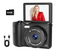 Cámara digital 4K para fotografía, cámara de vlogging de 64 MP para video de YouTube con pantalla abatible de 180°, zoom de 16X antivibración, cámara digital compacta de apuntar y disparar con tarjeta