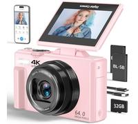 Cámara digital 4K para fotografía, cámara de vlogging de 64 MP para YouTube con pantalla abatible de 3 pulgadas y 180°, cámara digital de punto de zoom de 18X y cámara de disparo con tarjeta micro SD