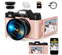 Cámara digital 4K para fotografía, cámara WiFi de video Vlogging de 56MP para YouTube con visualización abatible de 3 pulgadas de 180°, tarjeta SD de 64 GB, zoom digital de 16x, 2 baterías, cámara