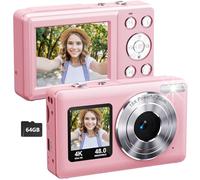 Cámara digital 4K UHD 48MP con batería integrada, zoom de 16X, pantalla dual y enfoque automático, apuntar y disparar compacta recargable para niños, adolescentes y adultos, incluye tarjeta SD de 64