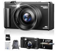Cámara Digital 4K, Vlog Cámara de Fotos Antivibración con Enfoque Automático de 72MP 18X Zoom, Pantalla Flip de 270° Camara Digital Compacta con Batería Tarjeta de 64GB para Fotografica Vlog Negro