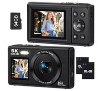 Cámara Digital 5K con Dos Pantallas Para Vlogging, Cámara WiFi 80 Mp Con Pantalla Frontal,Zoom 18x, Luz Iluminación, Incluye Tarjeta de 64 GB Y 2 Baterías