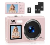 Cámara digital 5K de doble pantalla para vlogging con luz de relleno, 80 MP, zoom 16X, WiFi, YouTube/Blogging, incluye tarjeta de 32 GB y 2 baterías (blanco)
