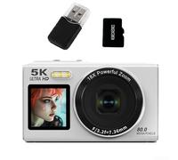 Cámara digital 5K, grabadora de video portátil CCD de doble pantalla, zoom de 18X, 80 MP, mini cámara portátil, tarjeta TF de 32 GB para niños, principiantes, adolescentes, adultos (blanco 32G)