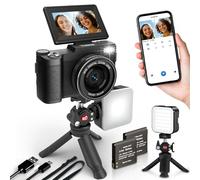 Cámara digital 5K para fotografía, cámara de vlogging WiFi de 64 MP para YouTube, cámara de video de enfoque automático con pantalla abatible, cámaras digitales compactas con baterías, luz para selfie