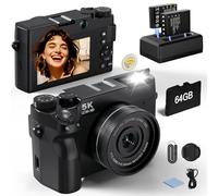 Cámara digital 5K para fotografía, cámaras digitales de 75 MP para apuntar y disparar con 64 GB, enfoque automático de doble lente 18X para principiantes, cámara de vlogging WiFi para YouTube, 2