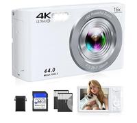 Cámara digital, cámara compacta FHD 4K de 44 MP con tarjeta SD de 64 GB, 2 baterías, enfoque automático de 16X, zoom digital, cámara pequeña para adolescentes, niños y niñas (blanco)