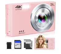Cámara digital, cámara compacta FHD 4K de 44 MP con tarjeta SD de 64 GB, 2 baterías, enfoque automático de 16X, zoom digital, cámara pequeña para adolescentes, niños y niñas (rosa)