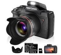 Cámara digital, cámara de 5K 64MP para fotografía con doble lente y parasol de lente, tarjeta de 32 GB, 2 baterías, pantalla táctil de 4 pulgadas, cámaras de vlogging para YouTube, flash de enfoque