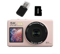 Cámara digital, cámara de doble pantalla 5K 80MP con zoom de 18X, pantalla de 2.8 pulgadas, grabadora de vlogging de transferencia WiFi para estudiantes y viajeros (rosa 32G)