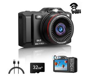 Cámara digital, cámara de vlogging de enfoque automático 4K de 64 MP con lente dual, zoom de 18X, WiFi, tarjeta de 32 GB, cámaras de apuntar y disparar para niños y niñas, regalos (XJ600-negro)