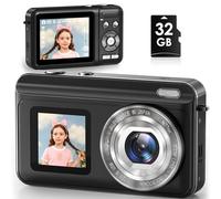 Cámara digital, cámara de vlogging real de doble pantalla de 2.7K para YouTube, enfoque automático y antivibración, cámara digital con zoom de 16x con tarjeta SD de 32 GB, compacta y portátil para