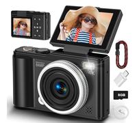 Cámara digital, cámara digital compacta 4K 64MP con enfoque automático y función macro, pantalla abatible de 180°, cámaras selfie portátiles para fotografía y video con tarjeta micro SD para