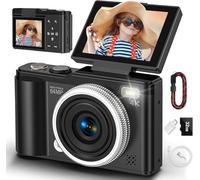 Cámara digital, cámara digital compacta 4K 64MP con enfoque automático y función macro, pantalla abatible de 180°, cámaras selfie portátiles para fotografía y video con tarjeta micro SD de 32 GB para