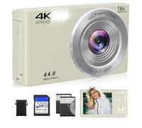 Cámara digital, cámaras compactas FHD 4K de 44 MP con tarjeta SD de 64 GB, 2 baterías, enfoque automático 16X, zoom digital, cámara pequeña portátil para adolescentes, niños y niñas
