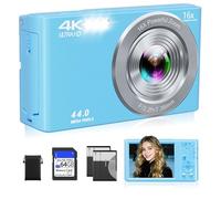 Cámara digital, cámaras compactas FHD 4K de 44 MP con tarjeta SD de 64 GB, 2 baterías, enfoque automático de 16X, cámara de punto y disparo para adolescentes, niños y niñas