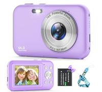 Cámara Digital Compacta, FHD 1080P 44MP Cámara de Fotos, Portátil Recargable Cámara Fotos con Zoom 16X y 1 Pilas Cámara para Niños, Principiantes, Adulto(Púrpura)