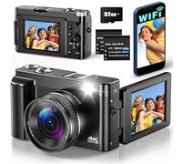 Cámara Digital con WiFi 4K 64MP Camara de Fotos Digital Compacta para Vlogging con Pantalla Flip De 180° De 3", Zoom 16X, Autofocus, Anti-Shake, Slow Motion, Tarjeta de 32GB, 2 Baterías