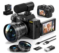 Cámara digital de 64 MP de 8 K para fotografía y vlogging, 180° con WiFi, zoom 16X, micrófono externo, gran angular y macro, 2 baterías y tarjeta SD de 64 GB, juego completo (negro clásico)