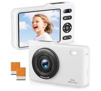 Cámara digital, FHD de doble lente de 64 MP AutoFocus Digital Point and Shoot cámara pequeña con tarjeta SD de 64 GB, zoom digital de 16X, 2 baterías para niños y niñas (blanco)
