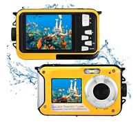 Cámara Digital Impermeable,Couleeur Full HD 2.7K 48MP Doble Pantalla Anti-Shake con micrófono LED Disparador automático y Zoom Digital 16X para niños Adolescentes (Amarillo)