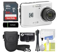 Cámara Digital Kodak PIXPRO FZ45 - 16 MP, Zoom Óptico 27 mm, Gran Angular, 1080P, LCD Full HD 2.7 Pulgadas (Blanco) + Tarjeta y Lector de 64 GB + Funda + Portafolios de Memoria +