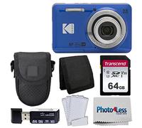 Cámara digital Kodak PIXPRO FZ55 (azul) + funda negra para cámara Point & Shoot + tarjeta de memoria SD Transcend de 64 GB + cartera de tarjetas de memoria triple + lector de tarjetas SD USB de alta
