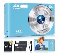 Cámara digital para adolescentes, cámara digital FHD 4K 44MP con enfoque automático con tarjeta SD de 64 GB zoom de 16X, cámaras para fotografía, cámara compacta de apuntar y disparar para
