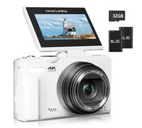 Cámara digital para fotografía, cámara de vlogging 4K para YouTube de 3 pulgadas, pantalla abatible de 180°, zoom digital de 18X, cámaras compactas con tarjeta TF de 32 GB y 2 baterías, color blanco