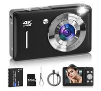 Cámara digital para niños, cámara digital FHD 1080P de 44 MP de punto y disparo con detección facial, captura de sonrisa, zoom de 18X, 20 filtros, antiagitación, tarjeta SD de 32 GB, cámara compacta