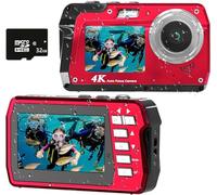 Cámara digital subacuática 4K 48MP impermeable con tarjeta de 32 GB, selfie de doble pantalla (delantera y trasera), buceo de 10 pies/3 m para esnórquel, surf, rafting, natación, viajes