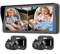 Cámara doble para coche de bebé para 2 niños, pantalla dividida de 6.9 pulgadas, pantalla HD ultra ancha con dos cámaras, fácil configuración, cámaras de visión nocturna giratorias, ideal para padres