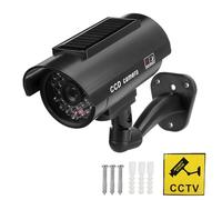 Cámara falsa, cámara solar simulada, cámara de seguridad ficticia, luz LED intermitente y pegatina de advertencia de seguridad para interiores y exteriores