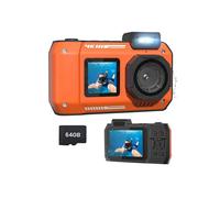 Cámara Impermeable 4K 65MP Cámara Submarina con Tarjeta de 64G, para Snorkeling Enfoque Automático Selfie Pantalla Dual Naranja