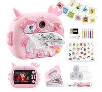 Cámara instantánea para niños, cámara dual de 2.4 pulgadas para niñas y niños, juguetes de cámara digital 1080P con tarjeta de 128 G, papel fotográfico impreso, folleto de tarjetas de 3 pulgadas y